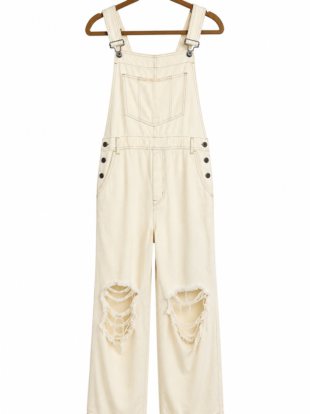 We The Free Cream Distressed Denim Overalls